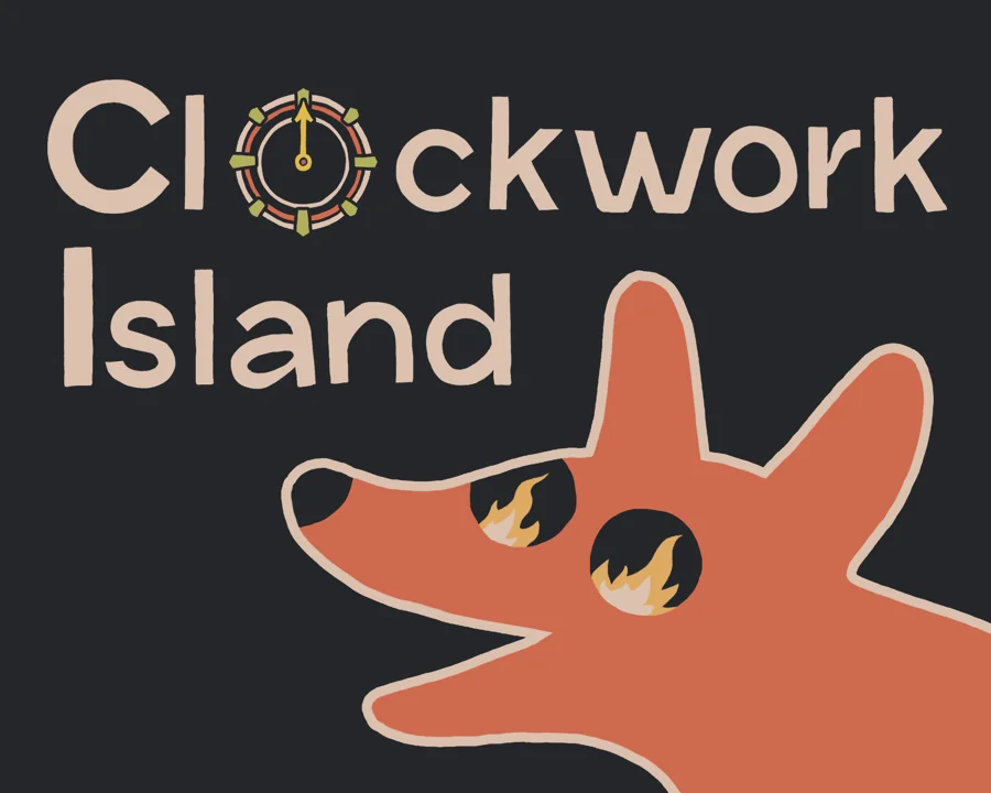 Clockwork Island cover: an orange fox with clock hands in its eyes