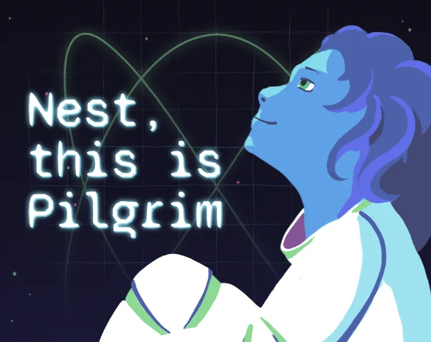 Nest, this is Pilgrim cover: a blue-haired character beside glowing waveforms