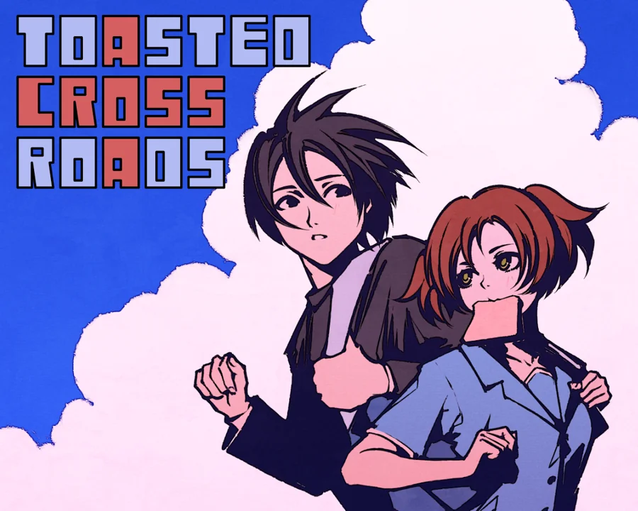 Toasted Crossroads cover: two illustrated characters with toast in their mouths