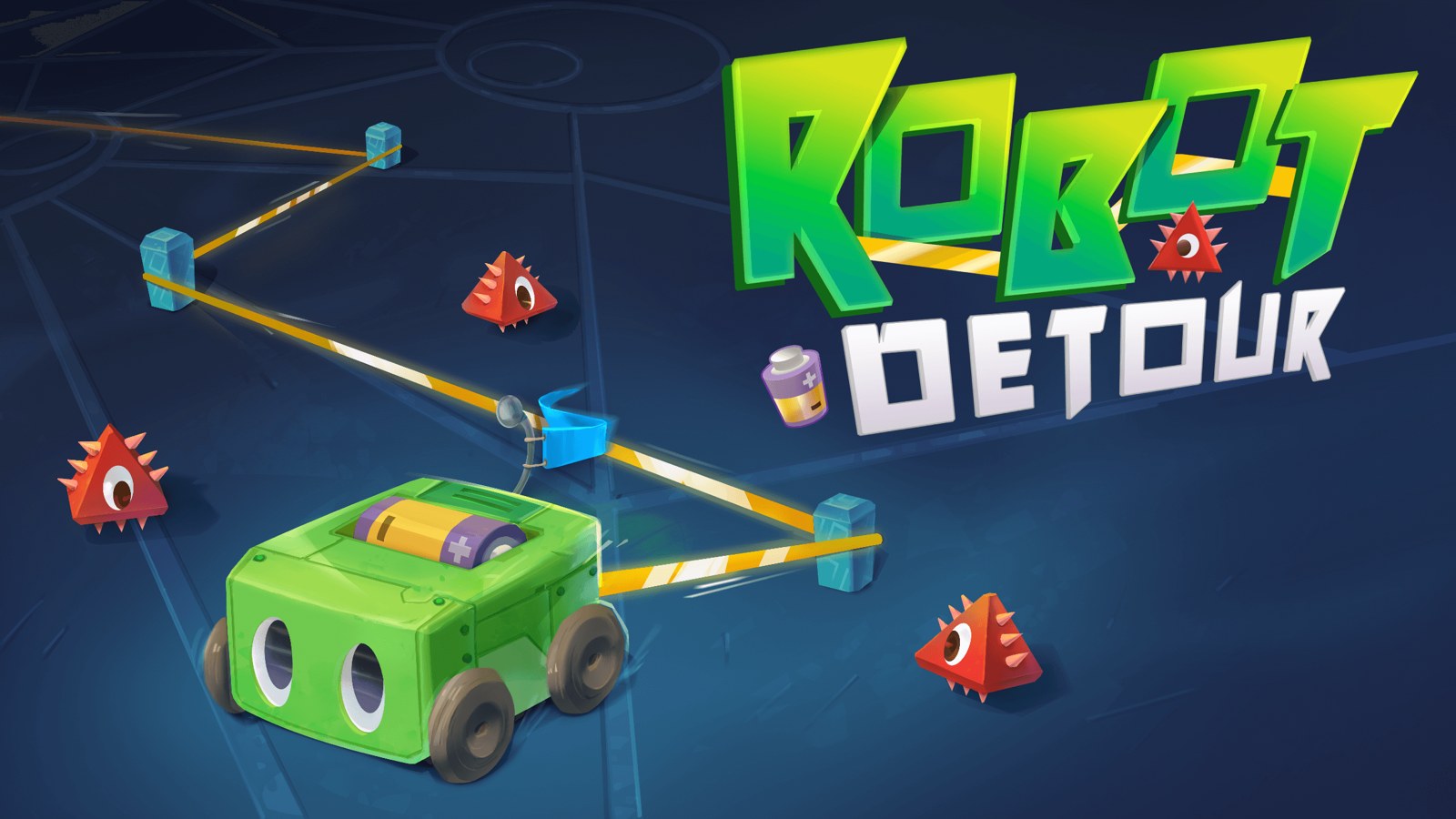 Robot Detour artwork: a green wheeled robot carrying a battery among red spiked obstacles